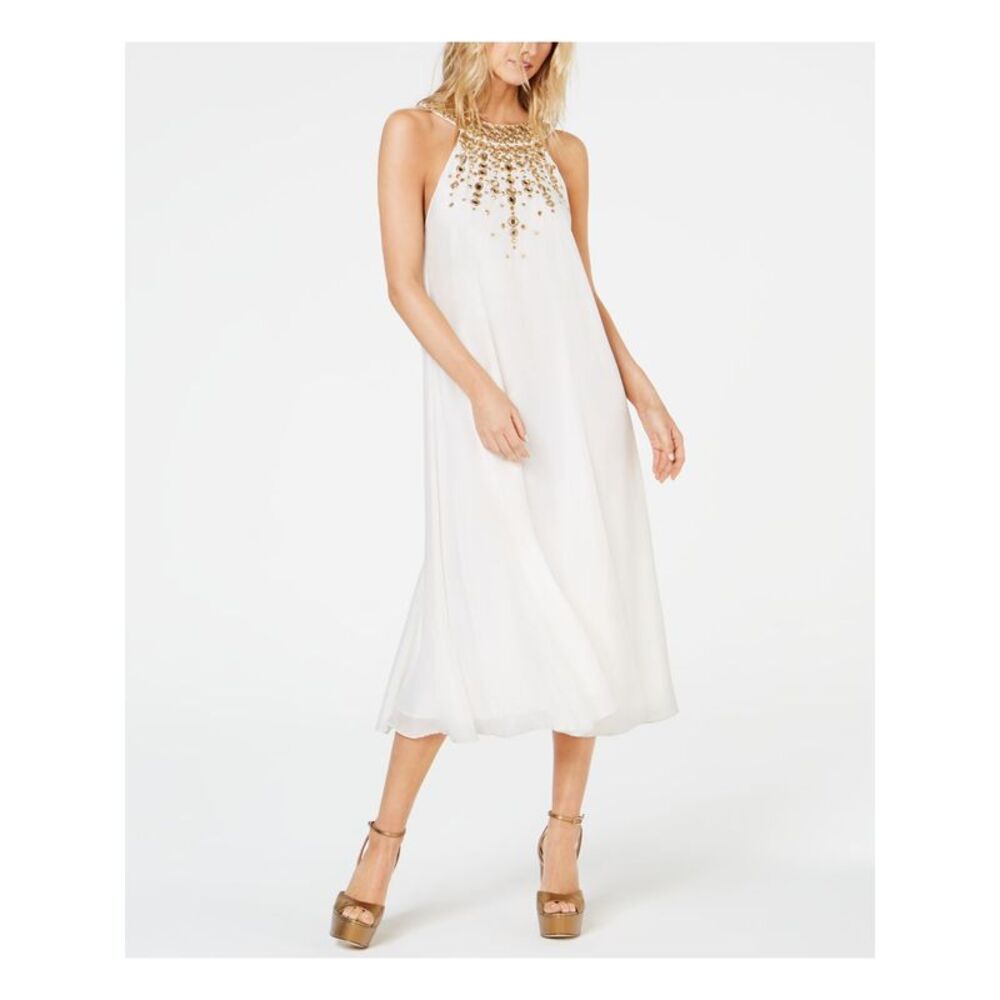 RACHEL ZOE Womens Shift Midi Dress Embellished Sleeveless Halter Formal